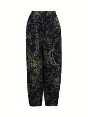  Floral Print Elastic Drawstring High Rise Slight Stretch Carrot Pants