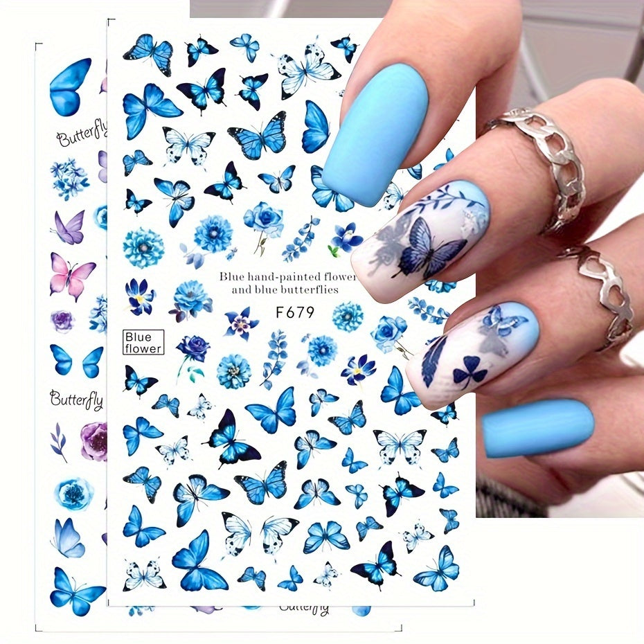 6pcs Butterfly Nail Art Stickers Floral Designs Self-Adhesive Nail Decorations