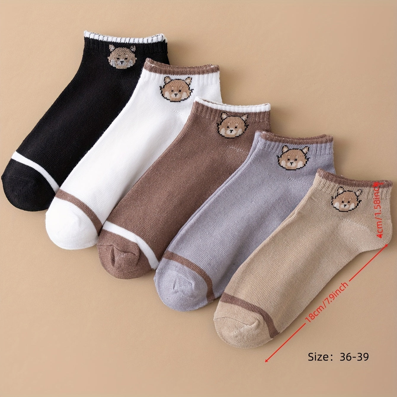 5 Pairs Cartoon Animal Print Socks Women's Comfy Short Stockings