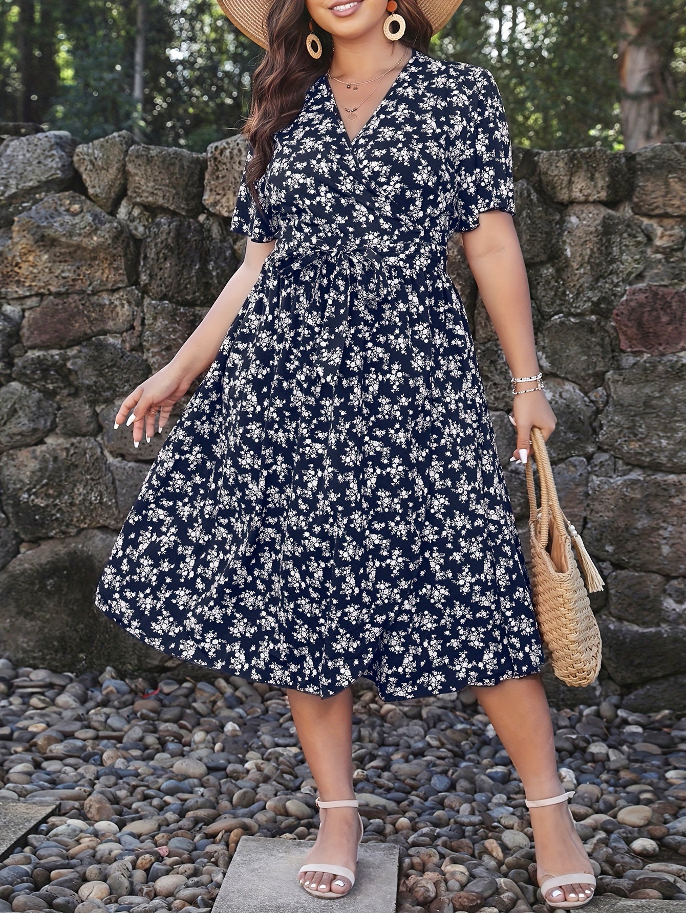  Boho Dress Women's Plus Ditsy Floral Print Butterfly Sleeve