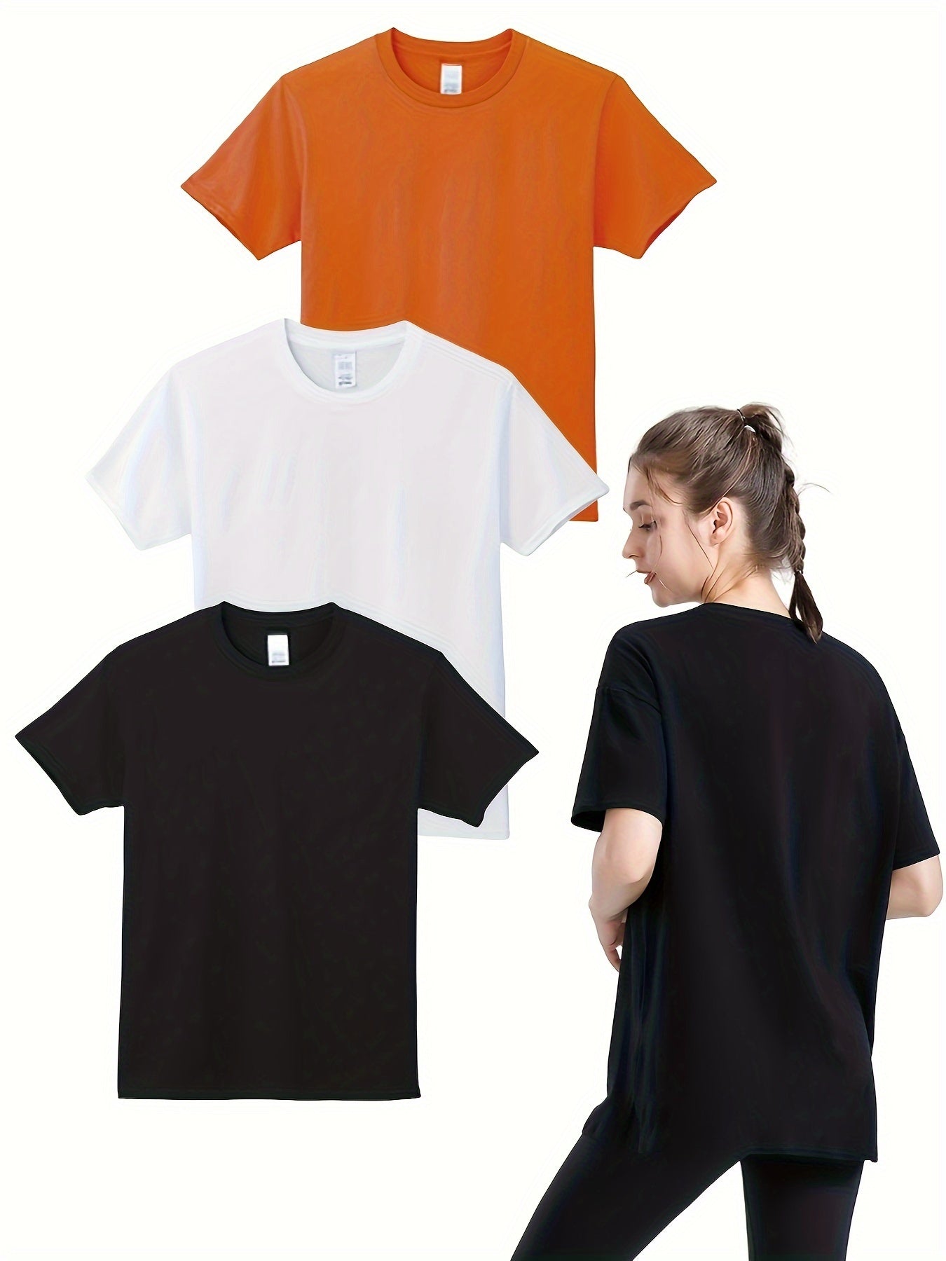 3pcs Women's Solid Round Neck Sports T-shirt