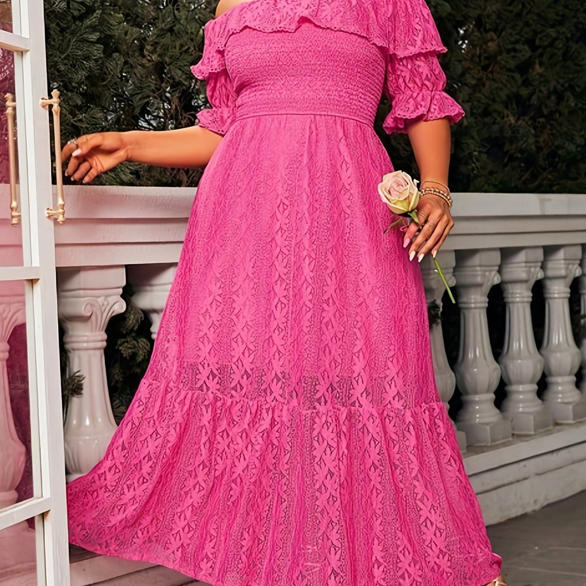  Lace Ruffle Off Shoulder Maxi Smock Dress