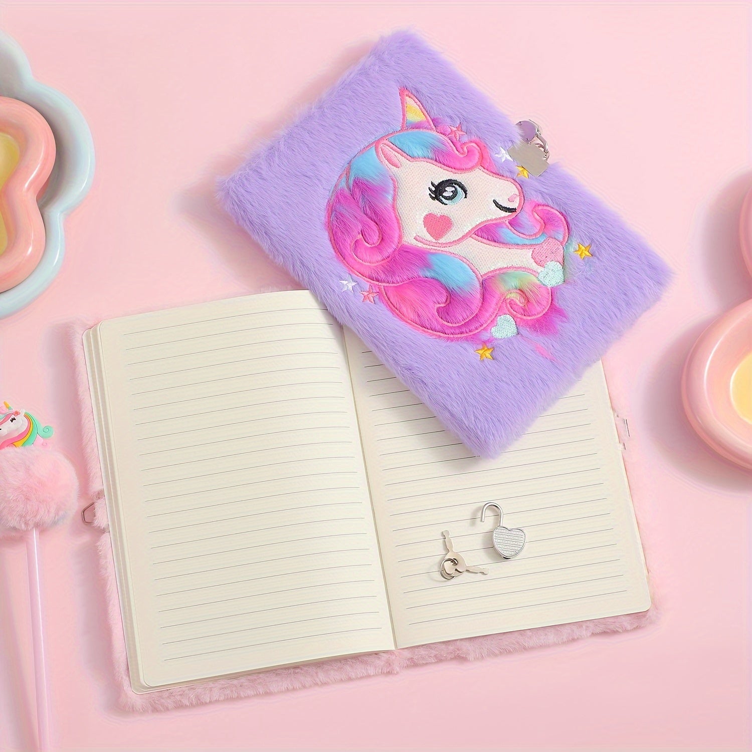 Unicorn Diary with Lock Plush Notebook Girls Gift