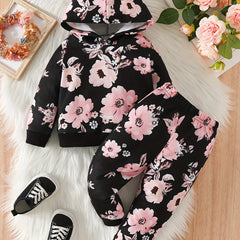 2pc Baby Girls Flower Print Hoodie Pants Set