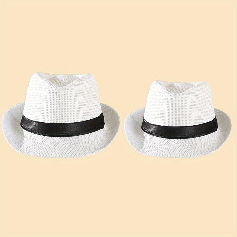 2pcs Straw Woven Belt Top Hat Sunshade Jazz Hat