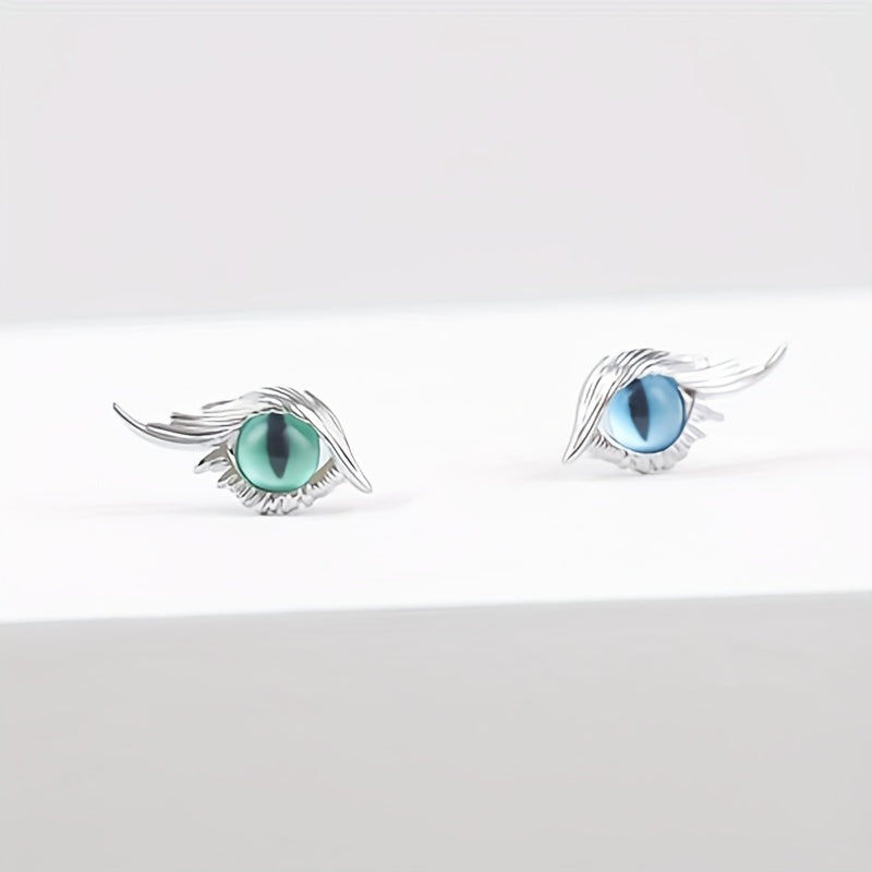 Cat Eye Stud Earrings w/ Feather 2pcs Pair
