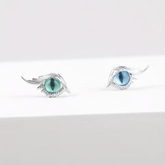 Cat Eye Stud Earrings w/ Feather 2pcs Pair