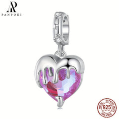 PANPOKI 925 Silver Pink Crystal Heart Pendant, DIY Fine Jewelry