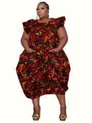 Women's Geometric Print Ruffle Sleeve Dress