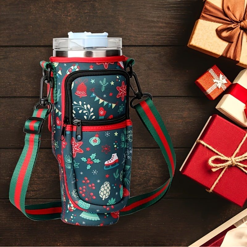 Christmas Neoprene Water Bottle Carrier Bag, 40oz Protective Holder with Strap