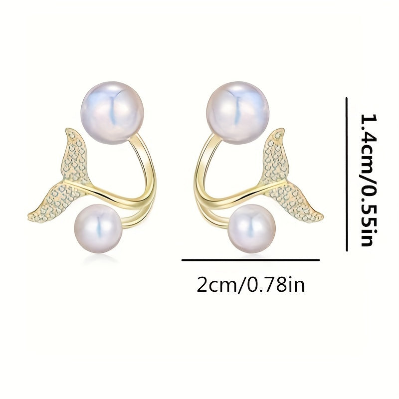 Pearl Fishtail Earrings With Rhinestone Drop Studs