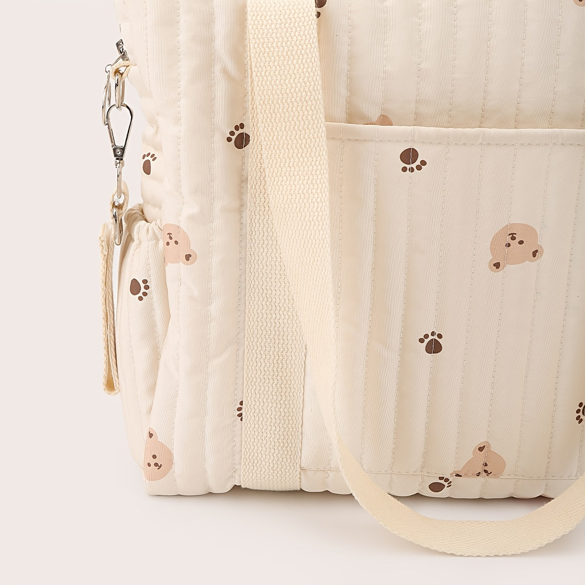 Bear Pattern Quilted Diaper Bag with Shoulder Strap & Stroller Hooks