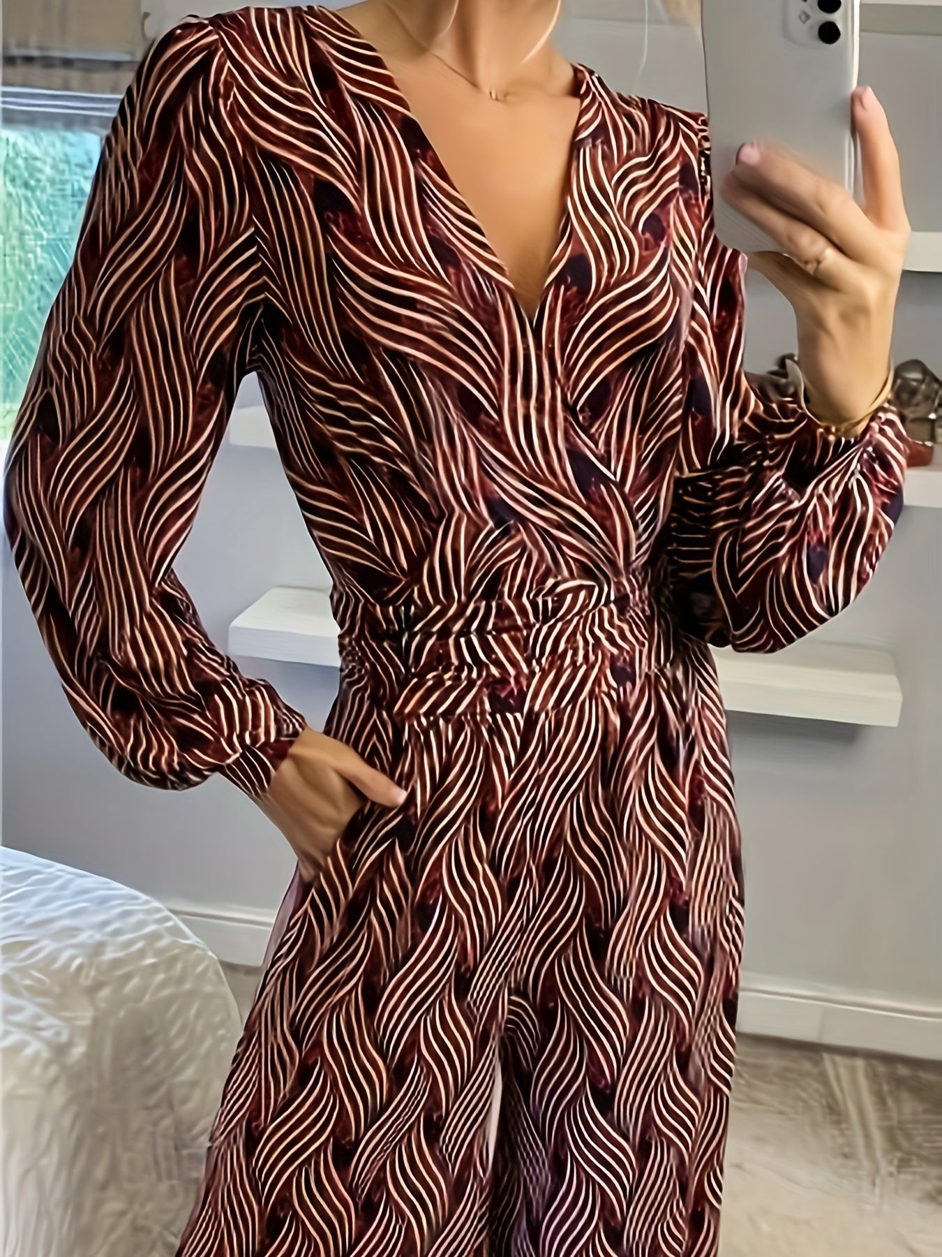  Stripe Print Lantern Sleeve V Neck Jumpsuit