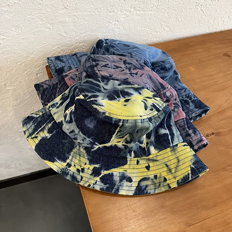 Distressed Denim Bucket Hat Tie Dye Sunscreen Fisherman Cap