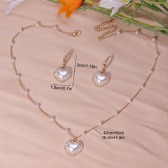 Heart Shape Faux Pearls Jewelry Set Necklace Earrings Rhinestones