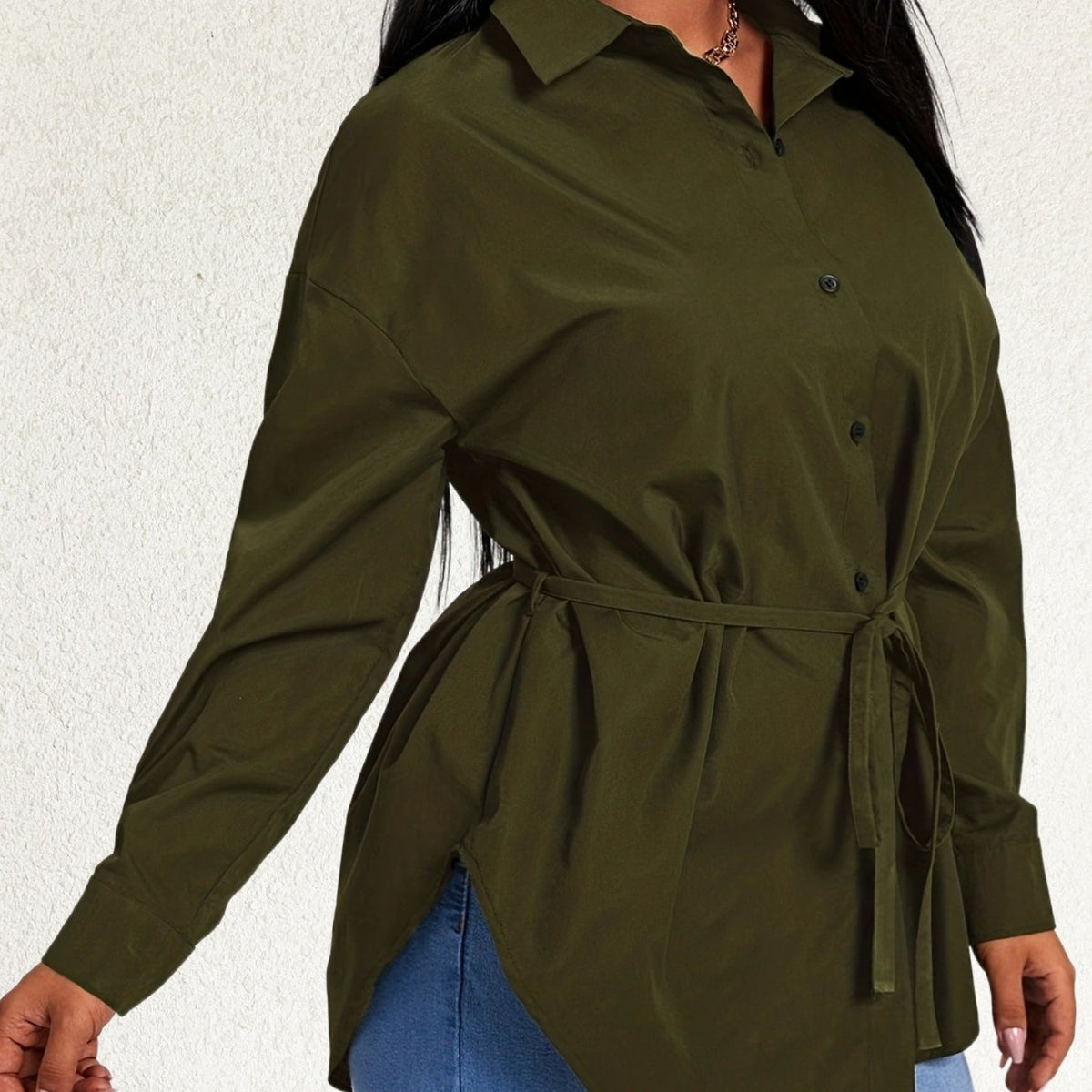 Women's Plus Long Sleeve Casual Blouse with Belt