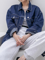 Women's Long Sleeves Denim Jacket Single Breasted Button Flap Pockets Lapel Coat