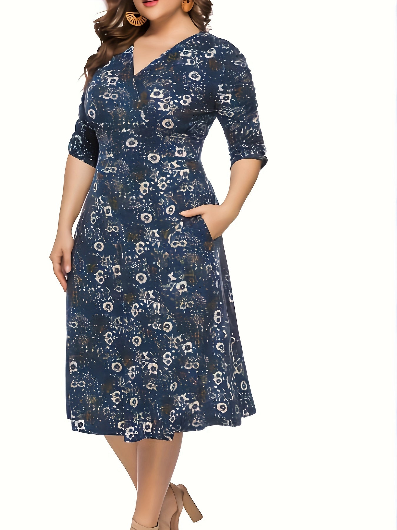  Cactus Print Surplice Neck Midi Dress With Pockets