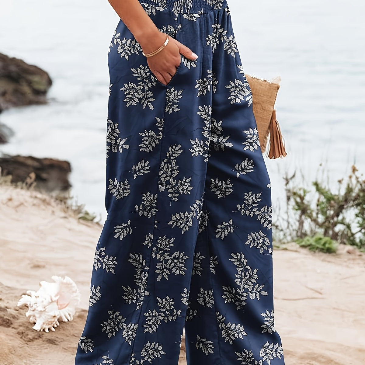Women's Plus Floral Print Shirred Waist Wide Leg Trousers