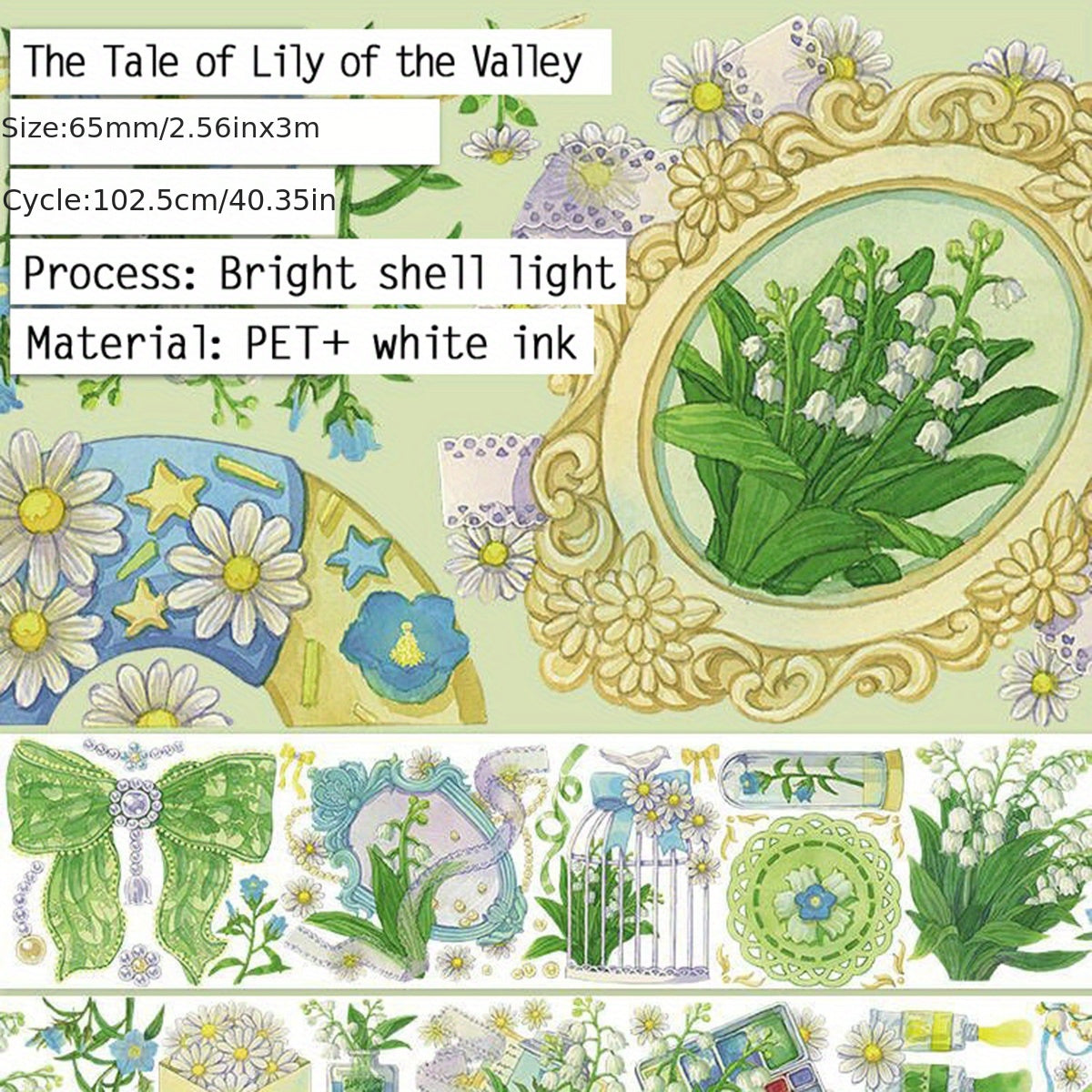 PET Tape 3M 3D Lily Valley Flower Stickers Journaling Colored Masking Tape