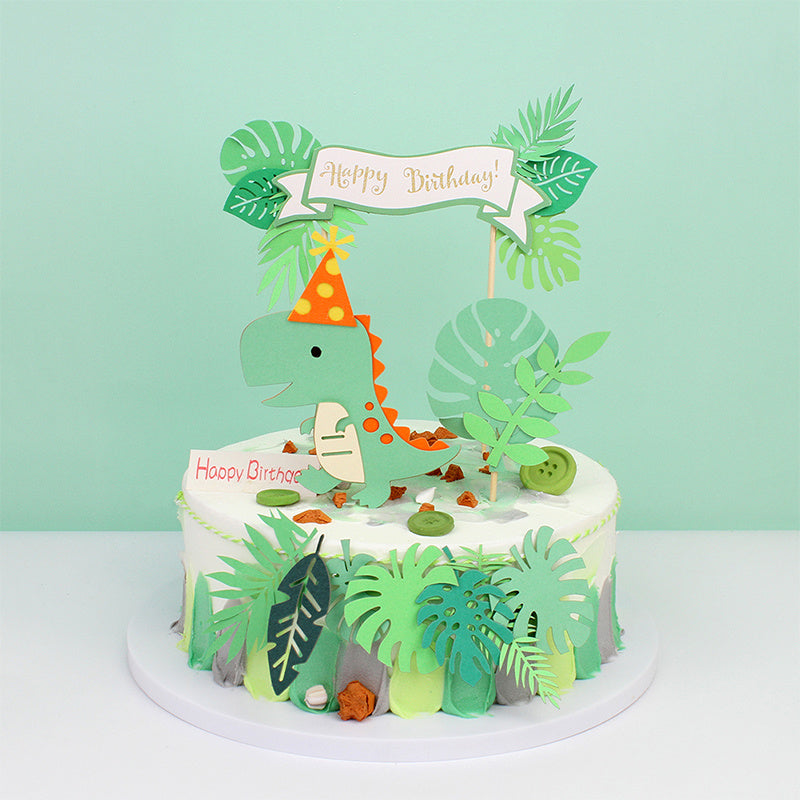 4pcs Dinosaur & Leaf Cake Topper - Green Birthday Christmas Halloween Gift