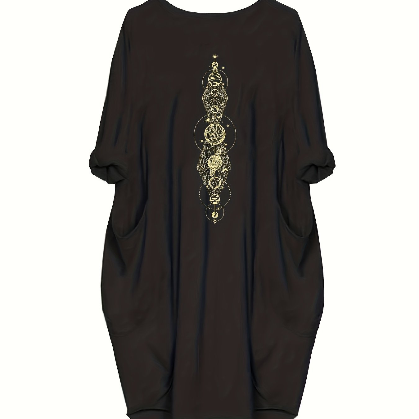Women's Plus Moon & Sun Print Roll Up Sleeve Round Neck Dress