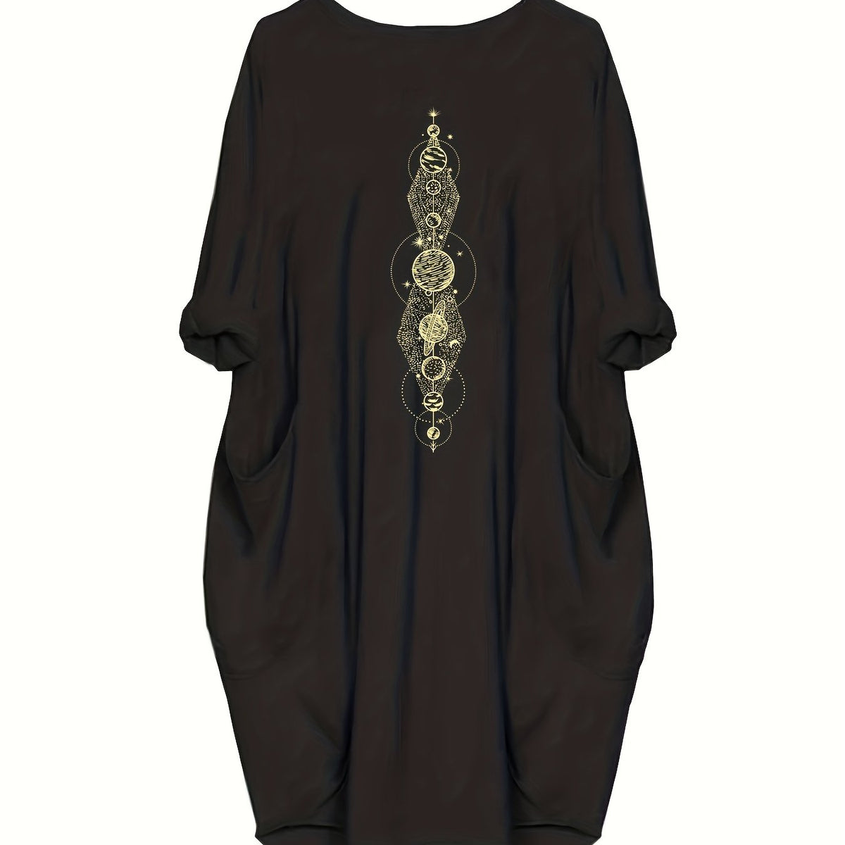 Women's Plus Moon & Sun Print Roll Up Sleeve Round Neck Dress