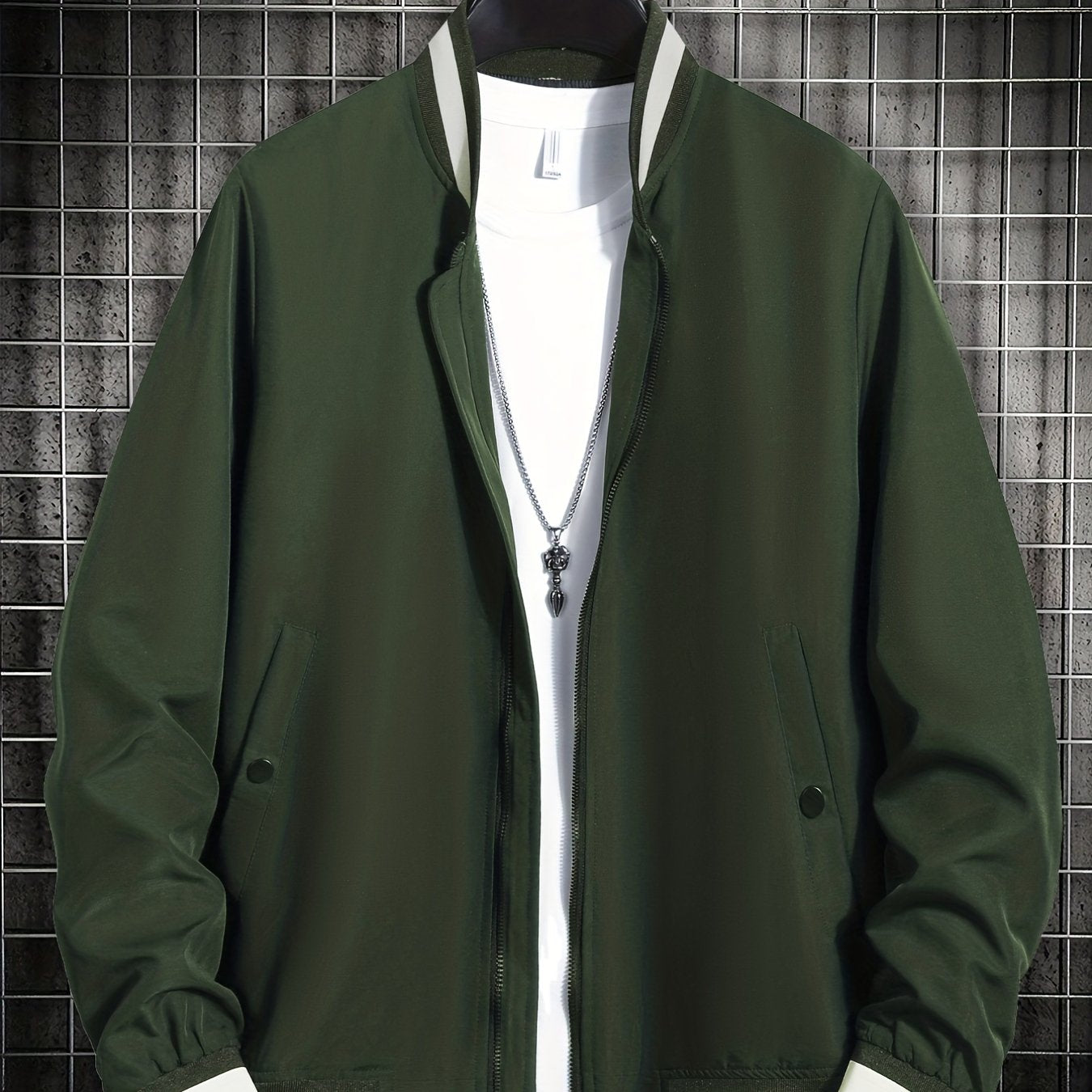 Men's Solid Stand Collar Zip Up Jacket for Spring Fall