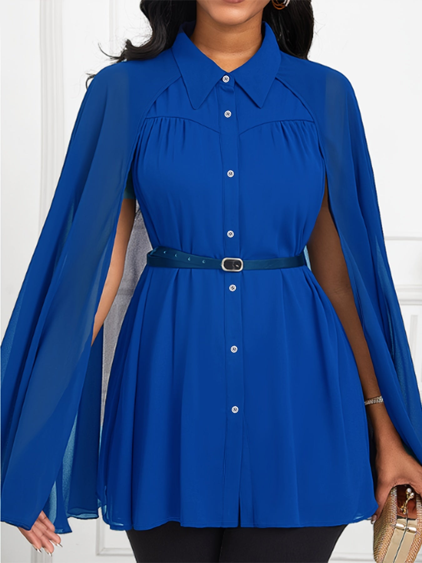  Blouse Solid Split Cape Sleeve Button Up Tunic Shirt