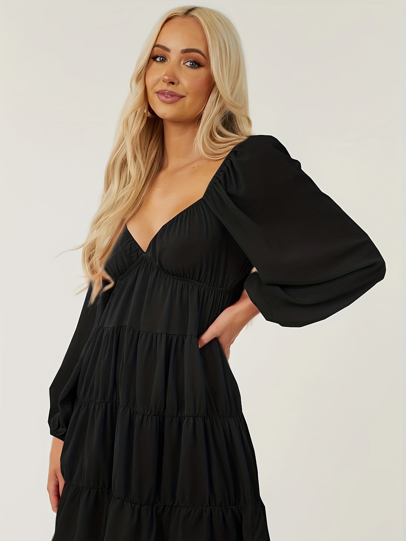  Solid Lantern Sleeve V Neck Ruched Smock Dress