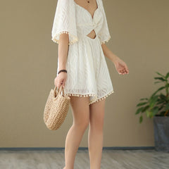 Pom Trim Cut Out Romper Jumpsuit Beach Short Sleeve Romper Jumpsuit
