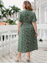  Ditsy Print Short Sleeve Surplice Neck Dress With Belt