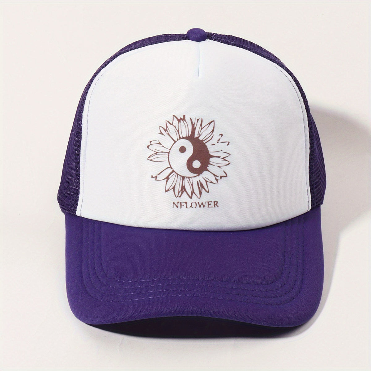 Sunflower Printed Trucker Hat Purple Mesh Baseball Cap Adjustable Dad Hats