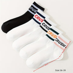 5 Pairs Plus Size Casual Crew Socks Set Women's Plus Striped & Letter Graphic