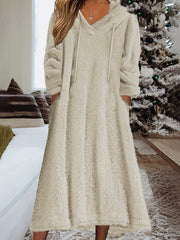  Solid Fleece Long Sleeve Hooded Dress