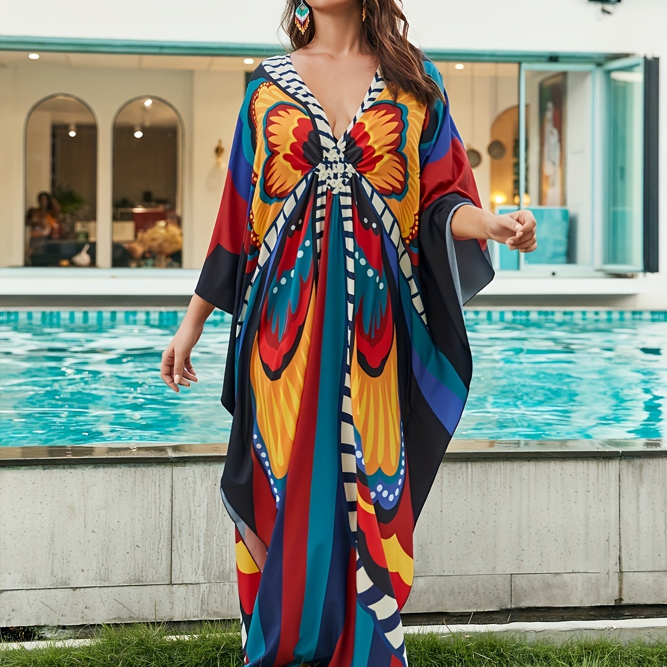  Boho Dress Women's Plus Allover Print Batwing Sleeve V Neck Side Split
