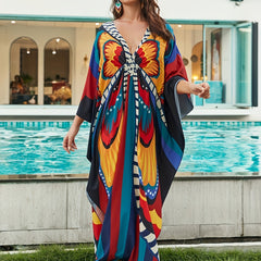  Boho Dress Women's Plus Allover Print Batwing Sleeve V Neck Side Split