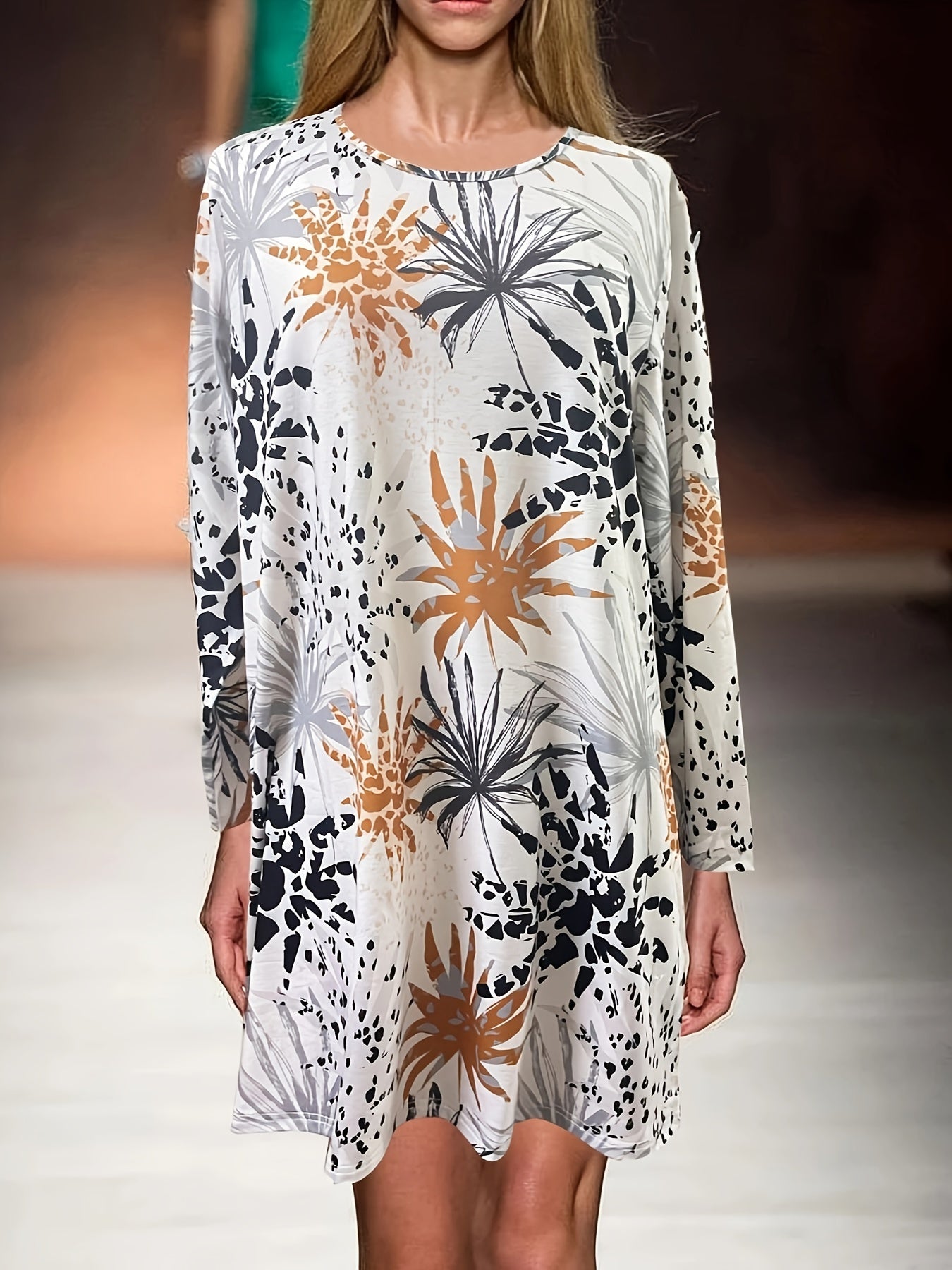  Floral Print Long Sleeve Round Neck High Stretch Dress