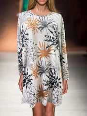  Floral Print Long Sleeve Round Neck High Stretch Dress