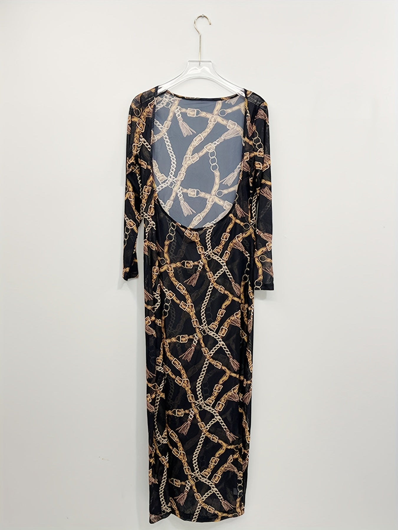  Chain Print Halter Bra & Long Sleeve Semi Sheer Cover Up Set