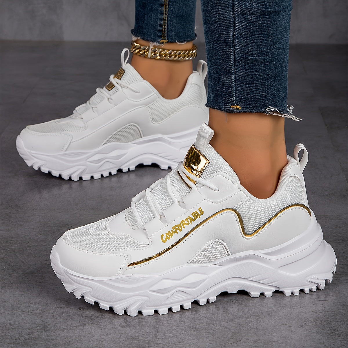 Faux Leather Chunky Sneakers Casual Wear Resistance Running Shoes