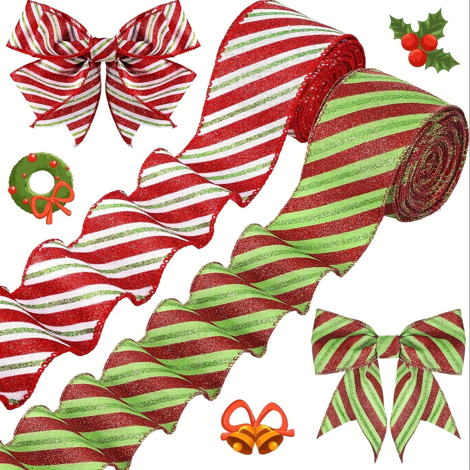 1pc 4 57 Meter Christmas Stripe Wired Ribbon Red And Green