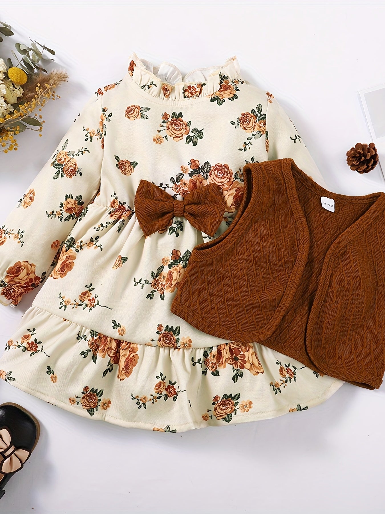 2pcs Toddler Girls Knit Vest Floral Dress Set