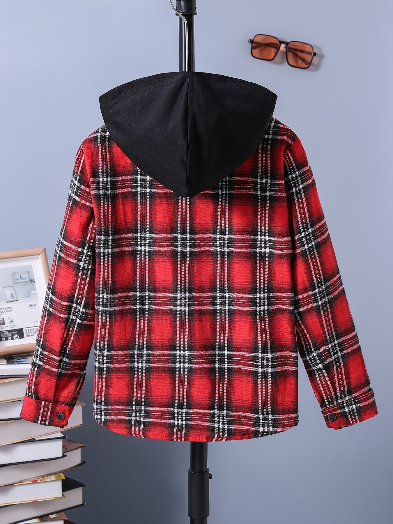Boys Plaid Hooded Shirts Long Sleeve Button Hoodie Tops Spring Fall Outwear