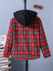 Boys Plaid Hooded Shirts Long Sleeve Button Hoodie Tops Spring Fall Outwear