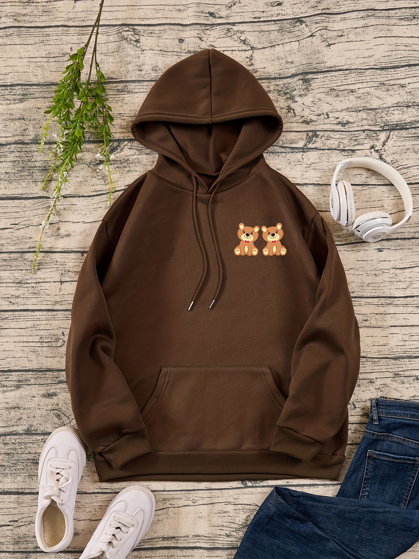 Bear Print Casual Hoodies Drawstring Long Sleeve Pullover Sweater