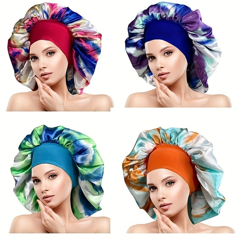 2pcs Colorful Satin Bonnet Oversized Turban Cap Large Elastic Head Wrap