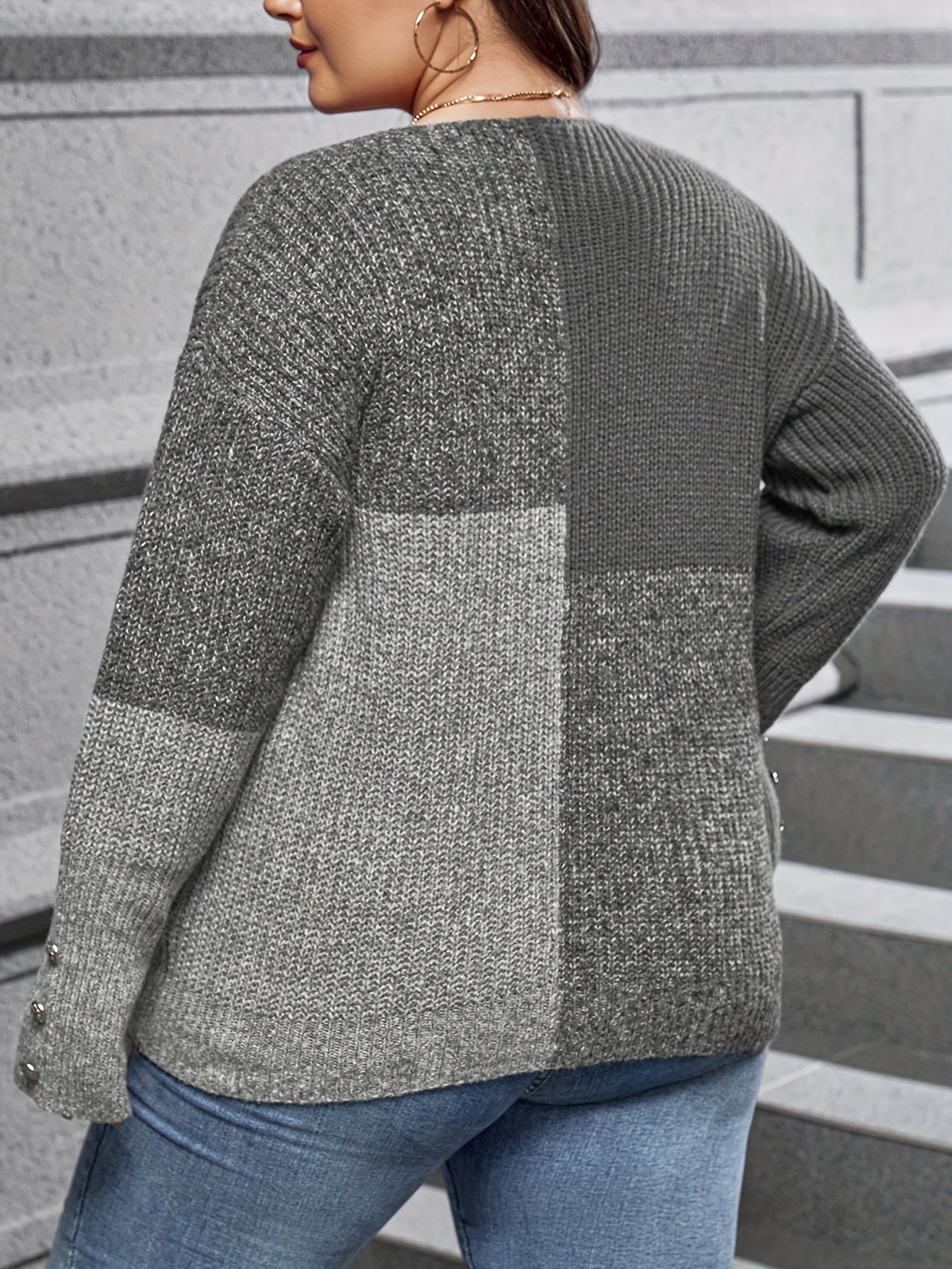  Colorblock Button Decor Casual Sweater