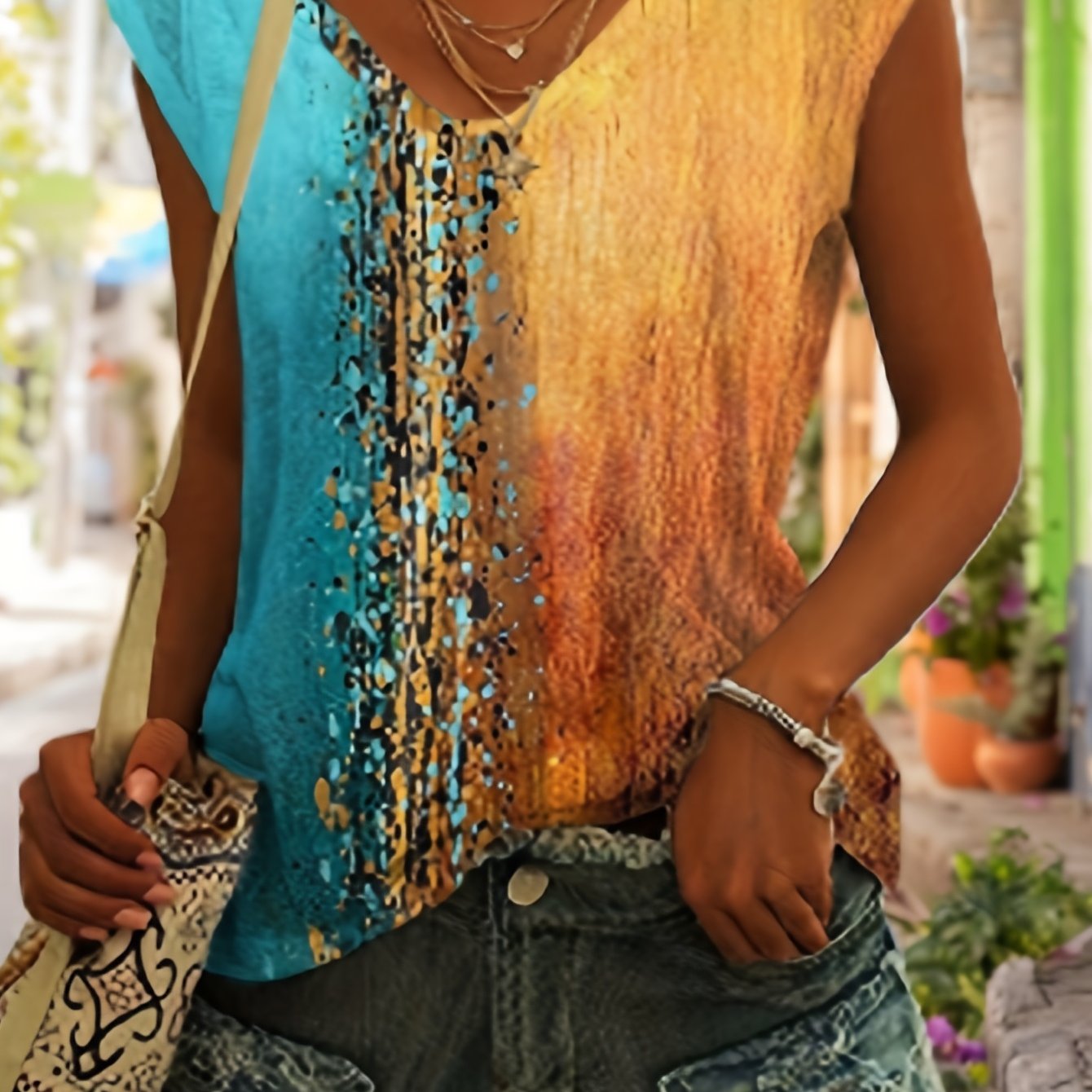  Colorblock Print V Neck Tank Top