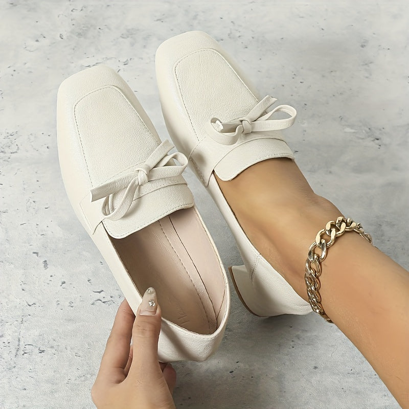 Chunky Heeled Loafers Square Toe Bowknot Slip On Shoes